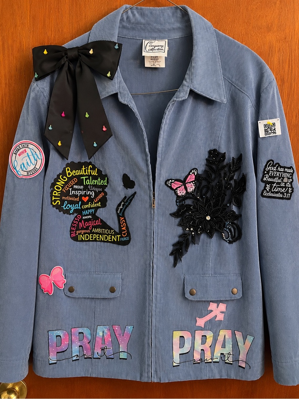Light Blue Embellished Corduroy Jacket with Patches & Black Bow to add a Flair!